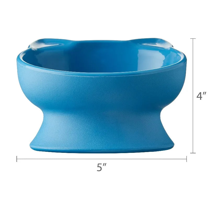 0.8-Cup Plastic Elevated Cat Ear Bowl, Blue，Assembled size is 4.4 in L x 5.4 in W x 3.6 in H.