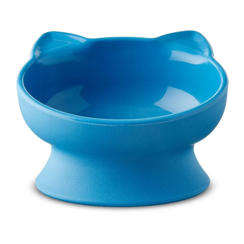 0.8-Cup Plastic Elevated Cat Ear Bowl, Blue，Assembled size is 4.4 in L x 5.4 in W x 3.6 in H.